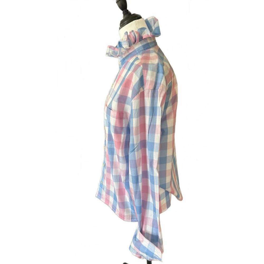 Upcycled Vineyard Vines Pastel Pink and Blue Plaid Button-Up with Ruffled Collar - Picture 5 of 8